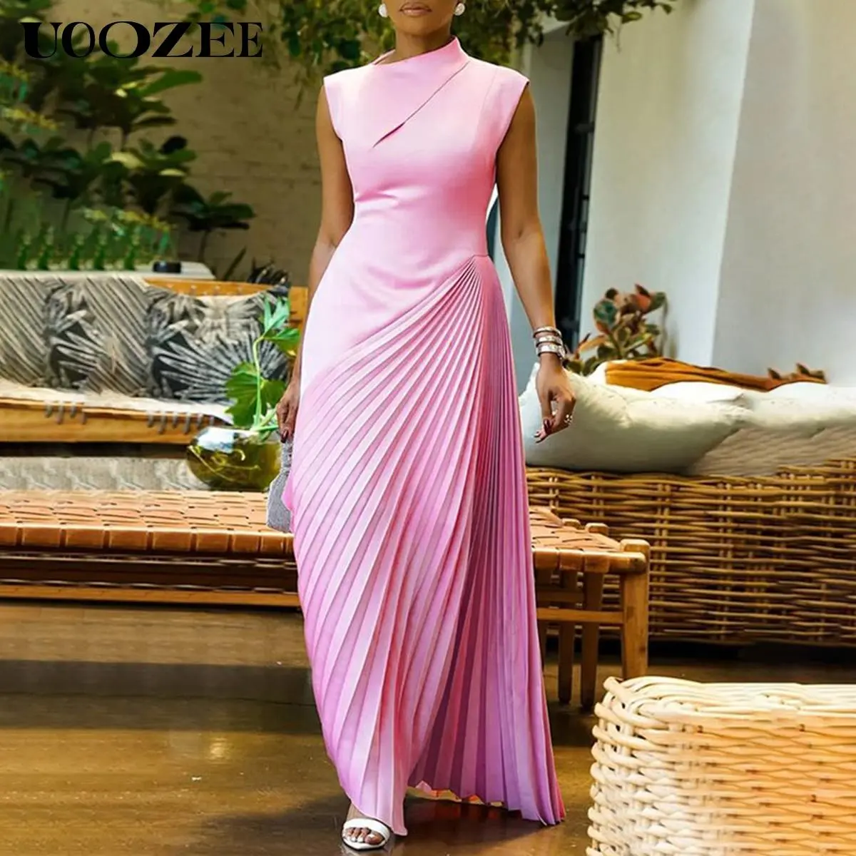 UOOZEE Women's High Waisted Sleeveless Asymmetrical Pleated Solid Color Mock Neck Maxi Dress - Loose, Breathable, Comfortable No-Stretch Drape for Party Outfits (Sizing Runs Small - Check Size Guide or Order Larger)