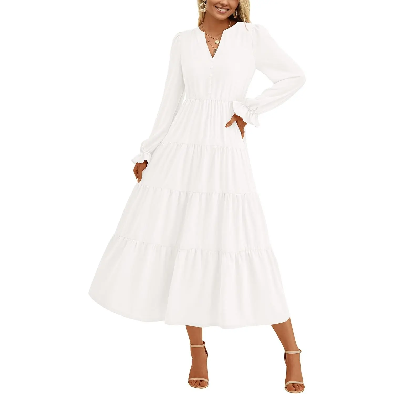 Women's Longsleeves Maxi Dress, Elegant V-Neck Tiered A-Line Flowy Gown for Fall Spring Wedding Guest, Clothes, Wedding Attire, Modest