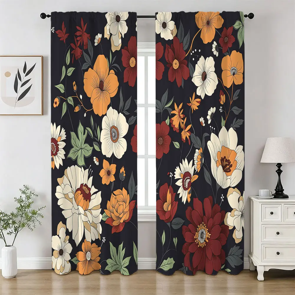 2 Panels Black Base Colorful Floral Print Rod Pocket Blackout Curtains, Thermal Insulated, Noise Reducing & Privacy Protection, Window Drapes for Apartment, Living Room & Bedroom Decor