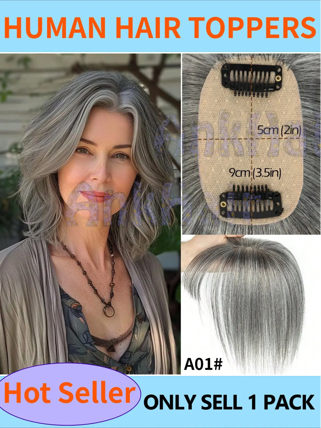 8-12inch Human Hair Topper, Hair Piece Top Base Middle Part with Bangs, Ideal for Women Hair Loss or Bangs Hairstyle, A01#