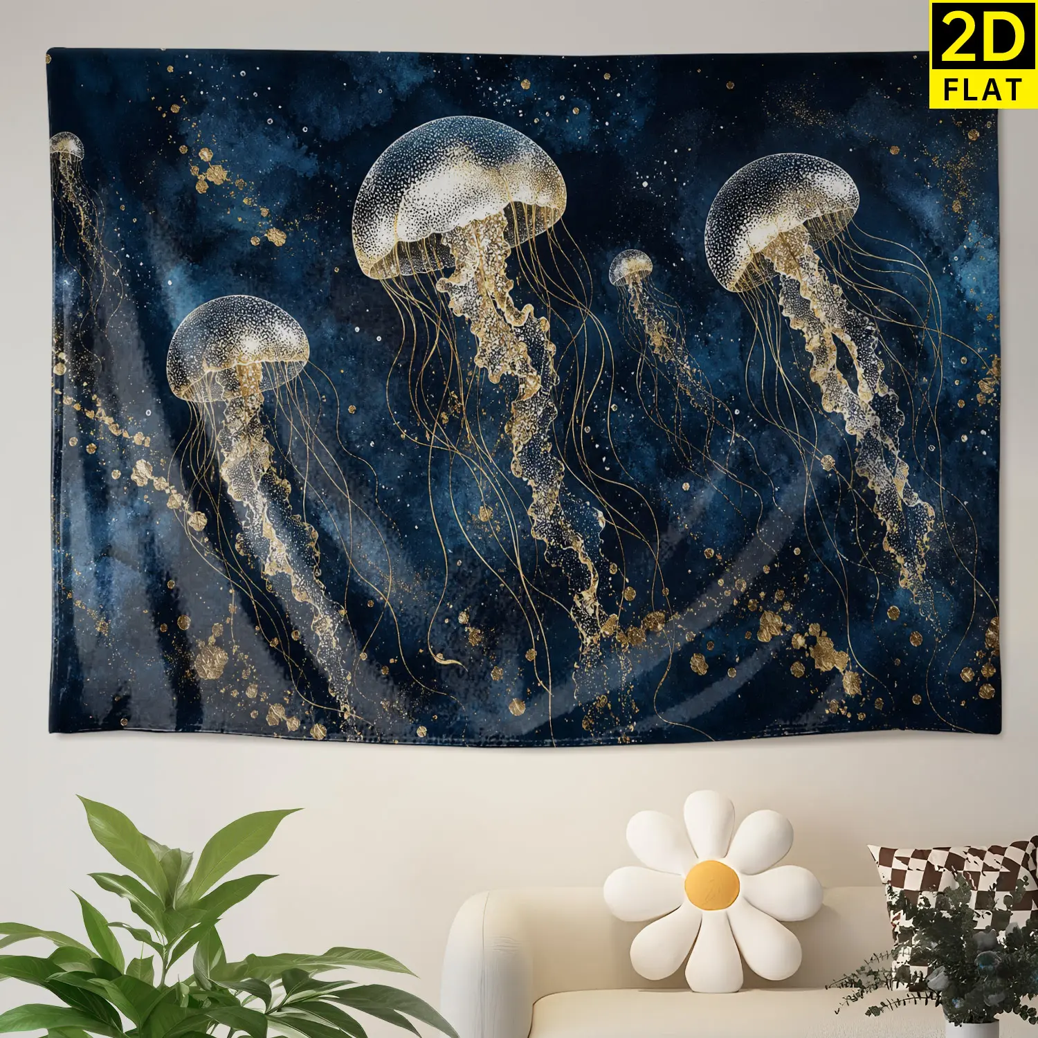 Golden Jellyfish Deep Sea Theme Wall Tapestry - Large Horizontal Printed Polyester Wall Hanging, No Installation Required Decor Artwork for Living Room, Indoor/Outdoor Room Decor Gift for Family