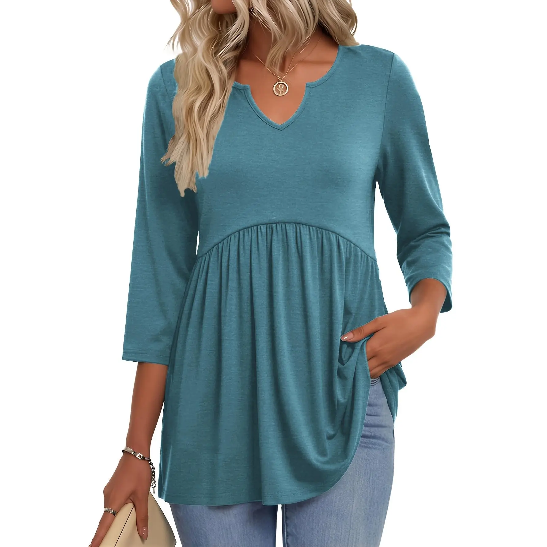 Women's V-Neck Longline Shirt - Loose Fit 3/4 Sleeve Tunic Top, Solid Color Basic Machine Washable Opaque T-Shirt Suitable for Seasons, Casual & Professional Wear, Year-Round Wardrobe Essential