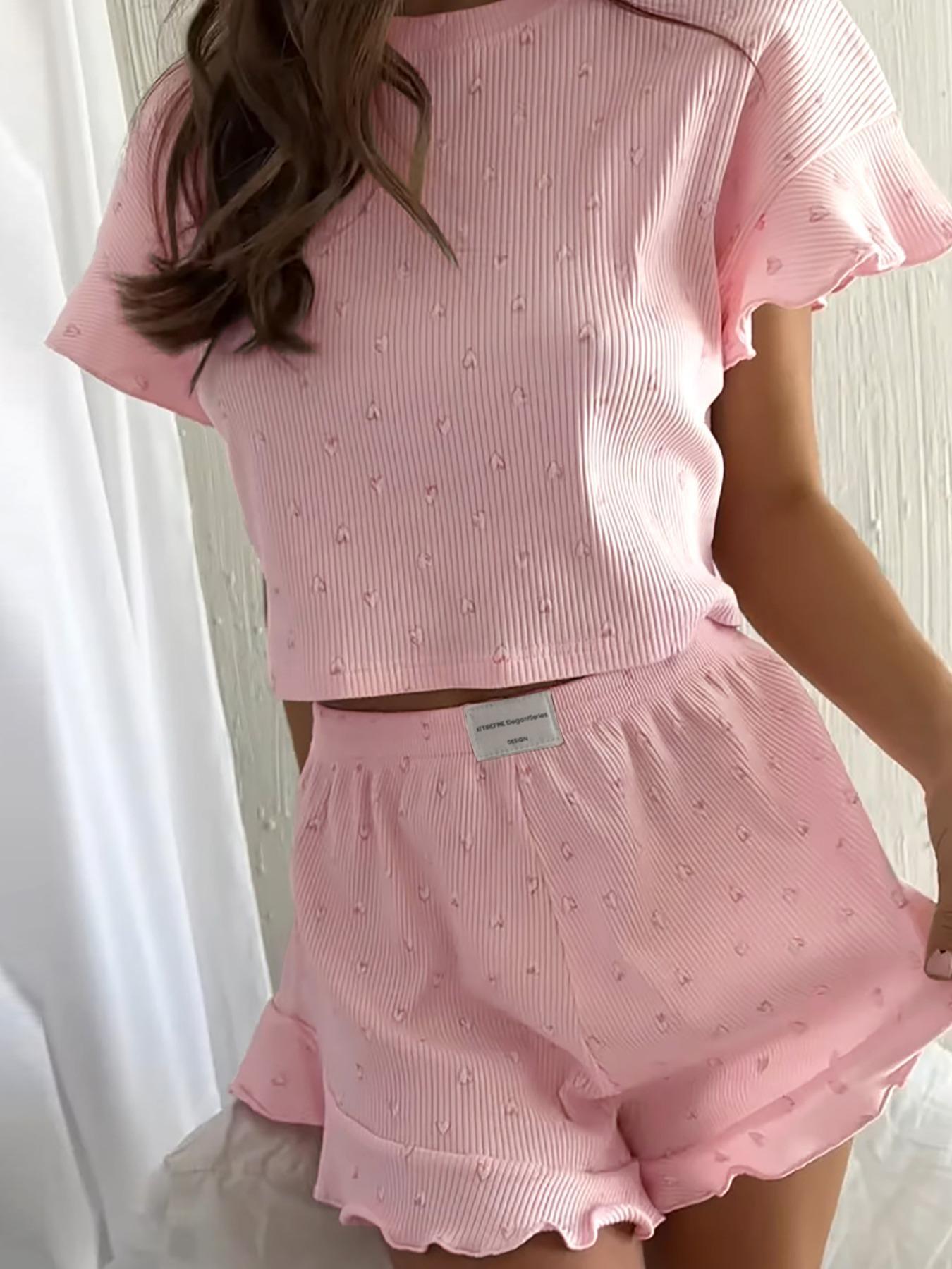 Women's All Over Heart Print Pyjama Set, Casual Comfy Ruffle Trim Crop Top & Patched Elastic Waist Shorts Pyjama Two-piece PJ Set, Ladies Sleepwear for All Seasons, Pajamas