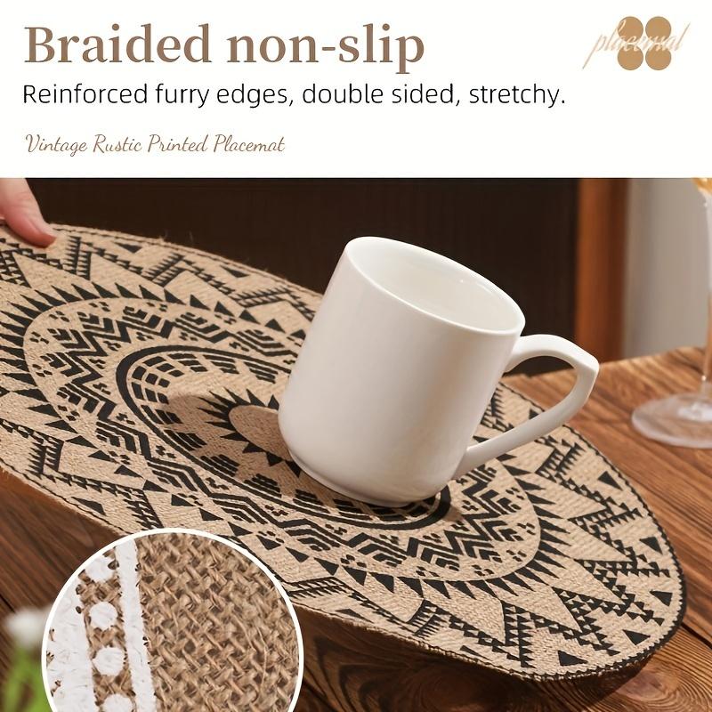6-piece set of round Bohemian style jute printed woven placemats, easy to clean, 15-inch black printed round placemats, suitable for table decoration, Christmas decoration, wedding decoration, Valentine's Day decoration, and easy to store.