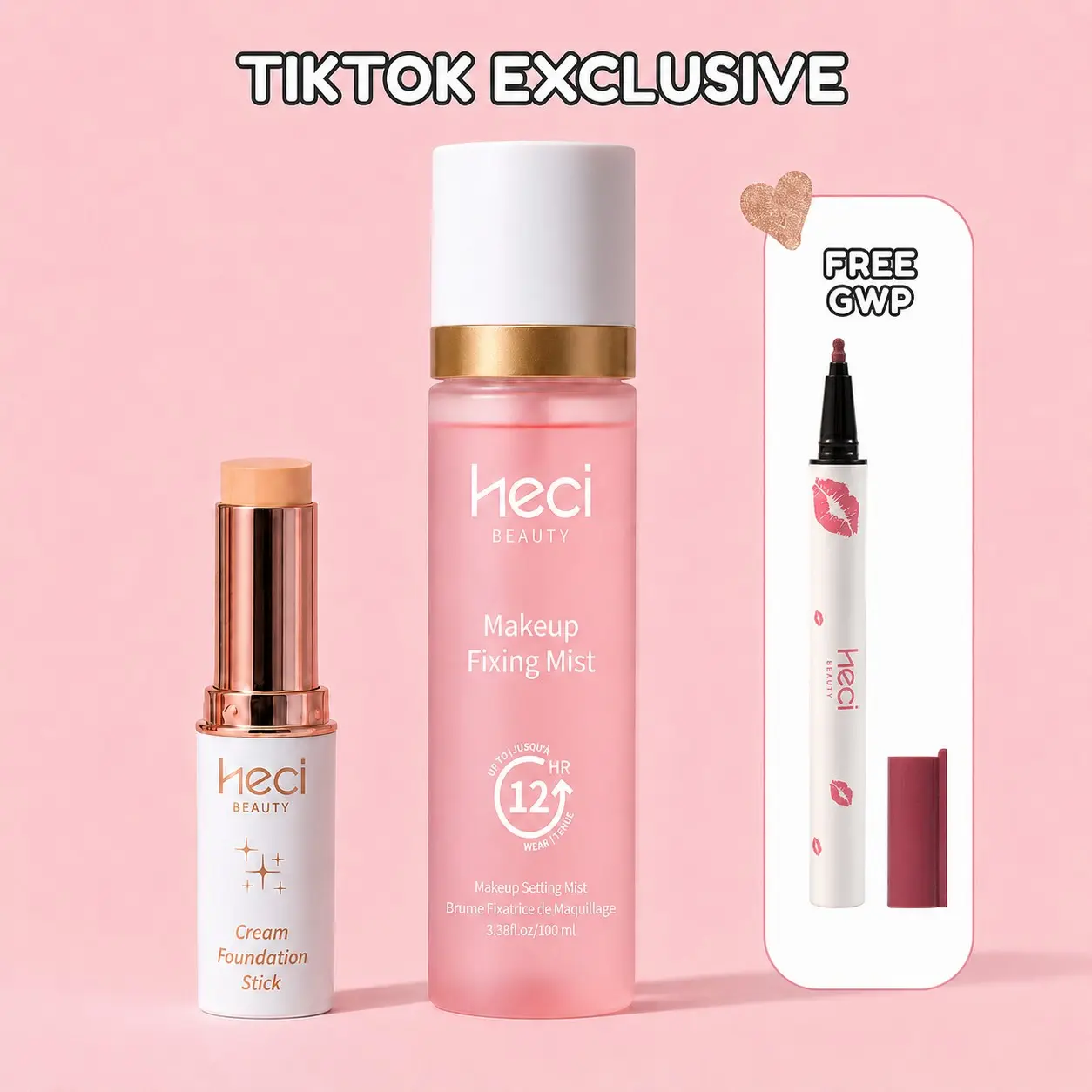 Heci Beauty Foundation & Setting Spray Bundle, Free Liquid Lip Liner, 6-Shade Glow Cream, Long-Lasting Makeup Set, Beauty Essentials