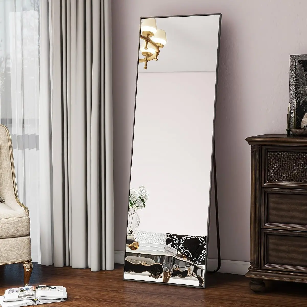 56"x21" Floor Mirror Full Length, Large Black Mirror | Shatterproof Floor  Mirror with Stand, Leaning, Free Standing or  or Leaning Horizontally/Vertically