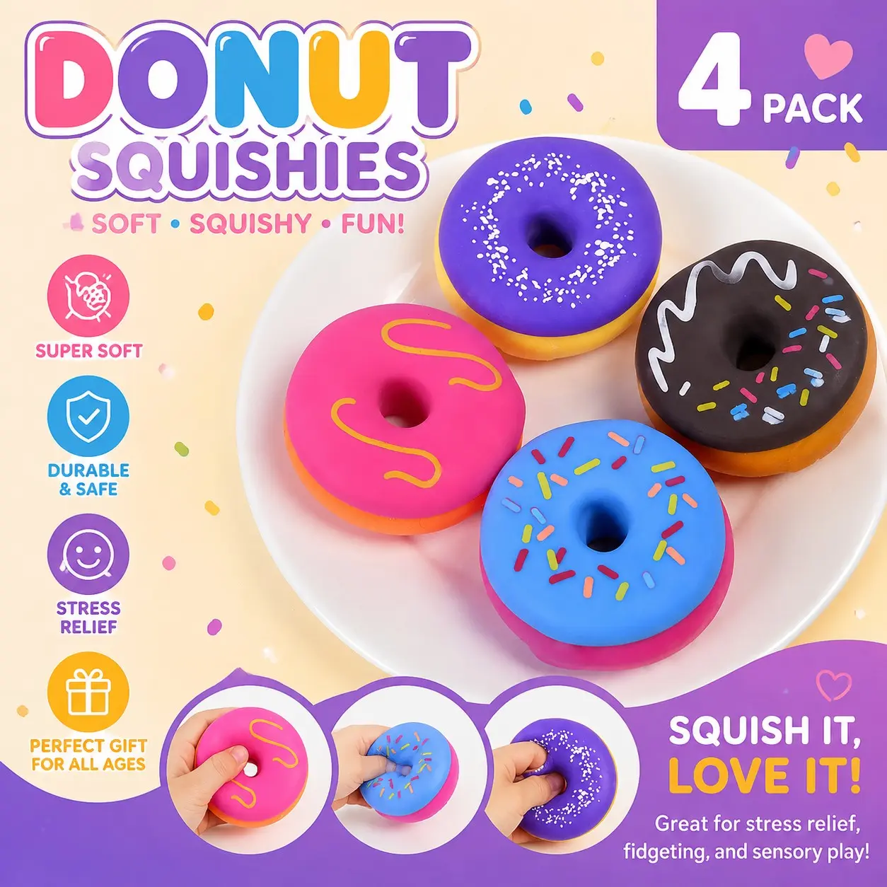 Doughnut Squeeze Toy Set of 4, Ultra Soft Stress Relief Toy, Safe Non-Toxic Sensory Toy, Kids and Adults Relaxation Tool, Multi-Color Mixed