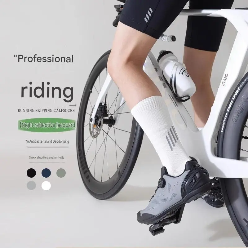 Men Women Professional Cycling Crew Socks, Towel Cushioned Athletic Socks, Reflective Stripe Mid Calf Socks for Road Biking, Running & Outdoor Sports cute cherry design bag charm keychain extender chain decor little girl stylish handbag key extension