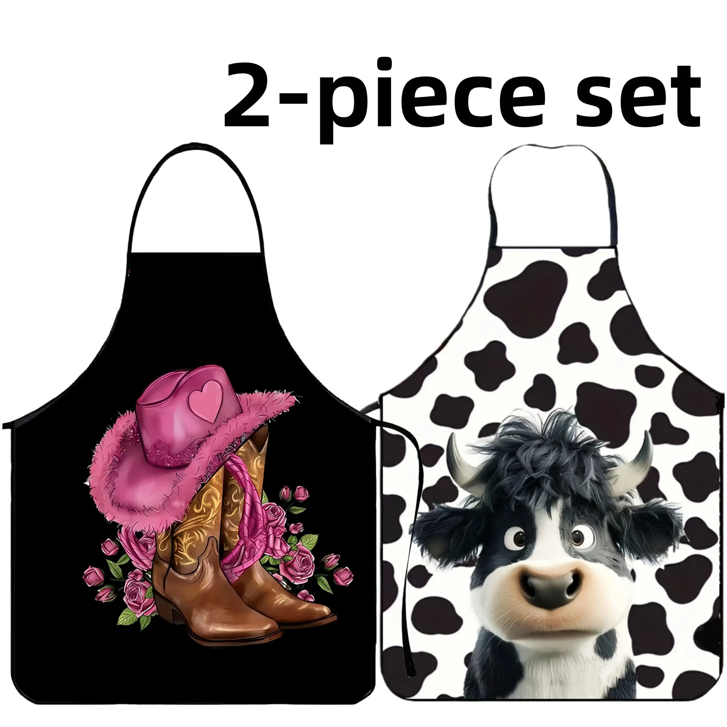 2-Piece Set Pink Highland Cattle Hat Print Aprons,Polyester  Apron,Unisex Cooking Apron, Kitchen Essentials,Christmas Gift ,BBQ Apron,Garden Tool,﻿Cleaning Tool,Apron for Men&Women
