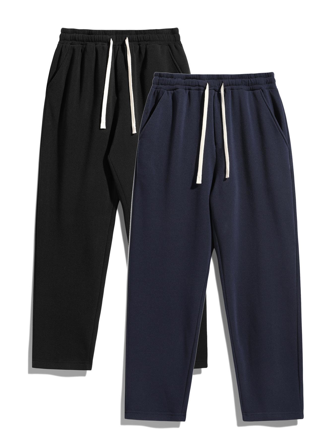 Men's Solid Thermal Lined Pants with Drawstring Waist, Comfy Cozy Regular Fit Straight Leg Trousers for Fall & Winter, Men's Bottoms for Daily Wear Thermal Menswear Fitted