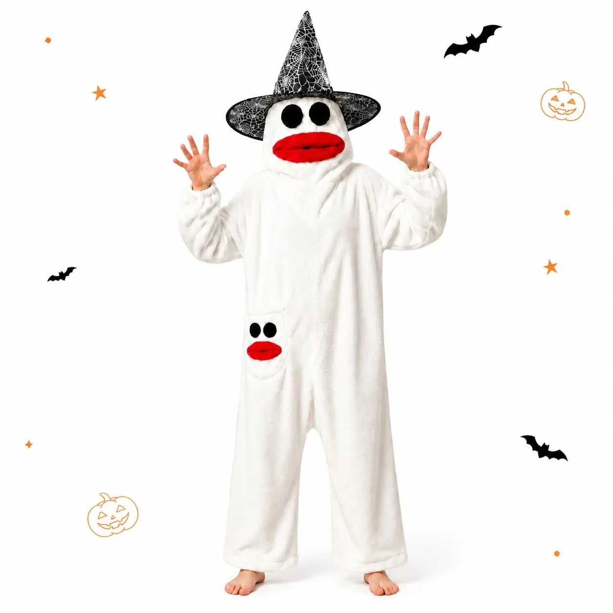 Funny Halloween Ghost Onesie Wearable Blanket, Soft Plush Hooded Sleepwear, Cosplay Costume Pajamas with Hidden Inner-Leg Zipper