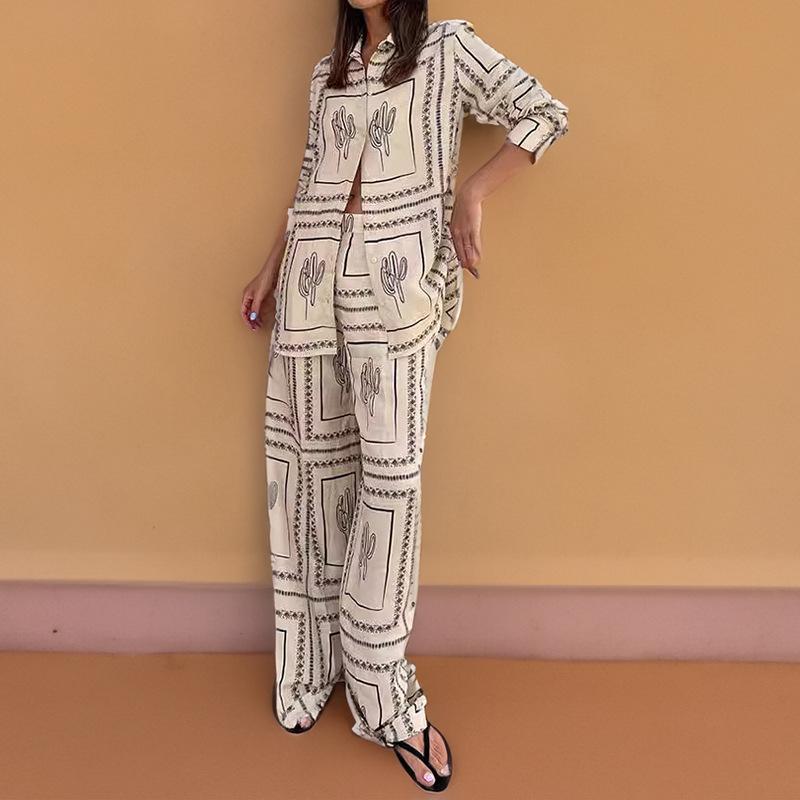 2026 European and American women's clothing, new spring models, casual printing long-sleeved shirt wide-leg pants fashion suit