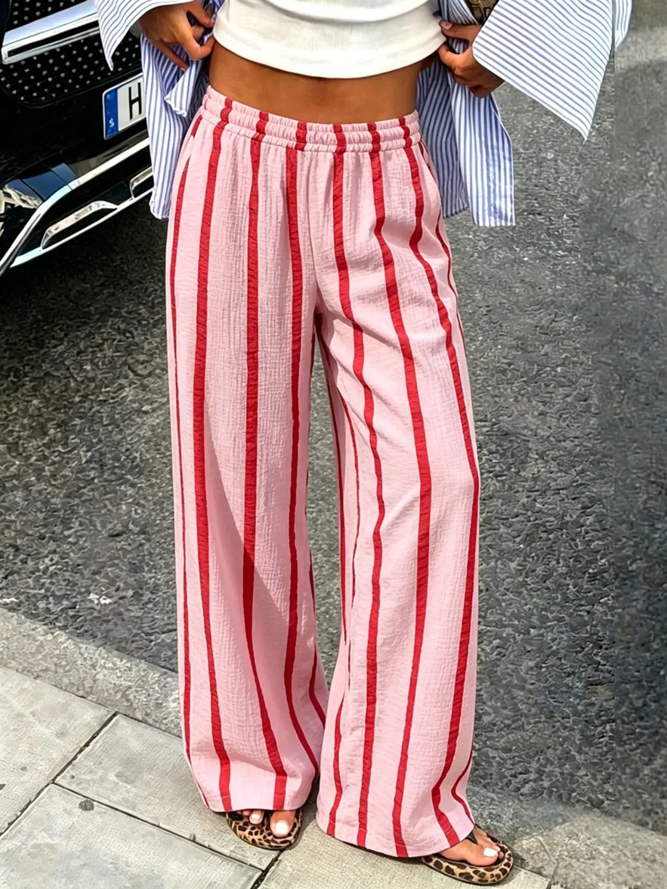 Women's Loose Fit Casual Wide Leg Pants Stripe, Elastic Waist, Drawstring Design, Comfortable and Fashionable, Ideal for Daily Wear