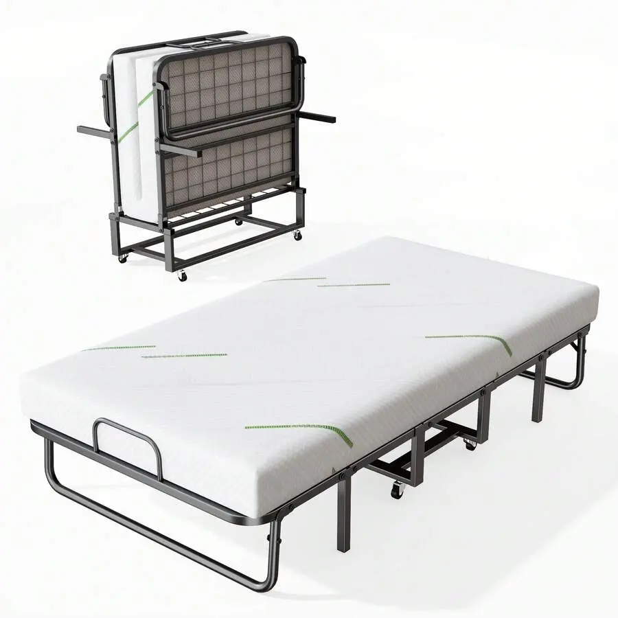 Twin-Size Portable Folding Bed with 5-in Memory Foam Mattress, Space-Saver Design, Swivel Castors for Easy Mobility & Setup, Ideal for Home, Office Use, Portable Bed