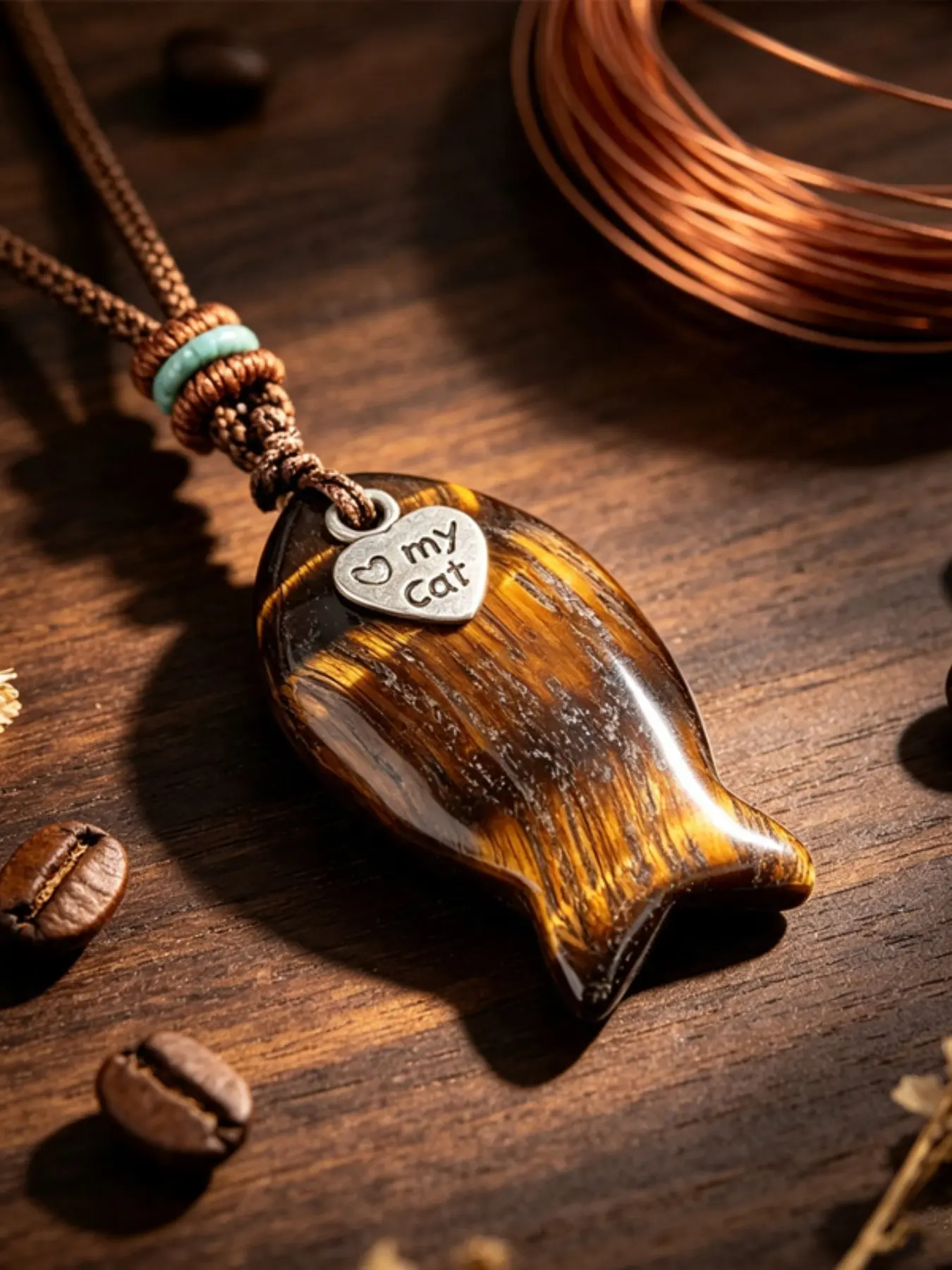 1pc Natural Crystal Tiger Eye Fish Pendant, Bohemian Rope Necklace, Women's Jewelry, Pet Lover Gift, Birthday Christmas Gift