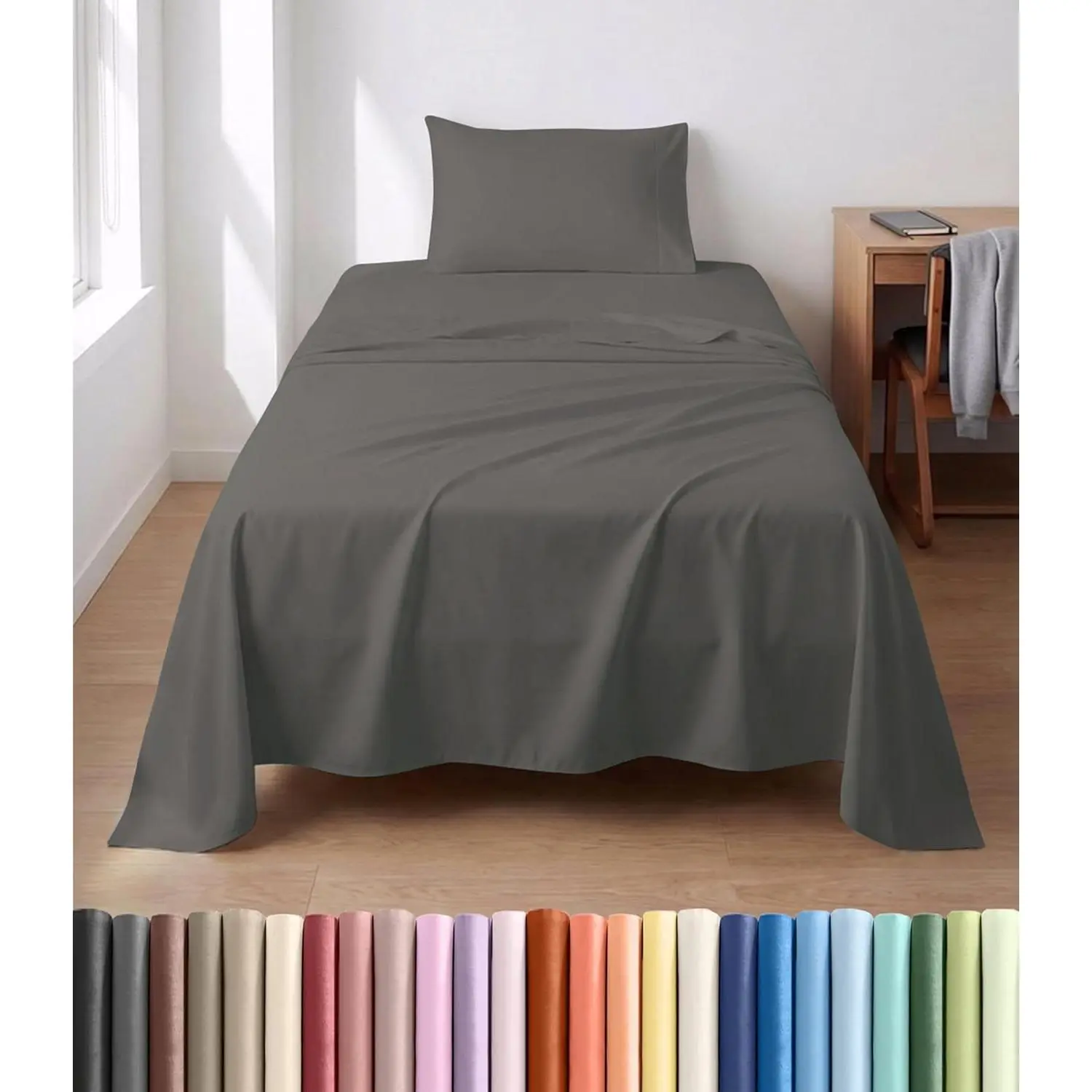 Lightweight 3 Piece Bed Sheet Set Twin Size - Cooling Sheets for Hot Sleepers - Soft Breathable Bedding Set w/ 8-16 Inch Deep Pockets - 1 Flat & 1 Fitted & 1 Pillowcase - Wrinkle Resistant - Dark Grey