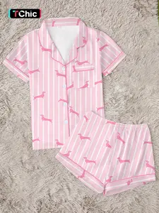Preppy Pink Striped Dachshund Pajama Set | Cute Sausage Dog Print Sleepwear | Soft Short Sleeve Button Down Lounge Outfit | Aesthetic 2-Piece Summer PJs | Fun Wiener Dog Lover Gift Nightwear