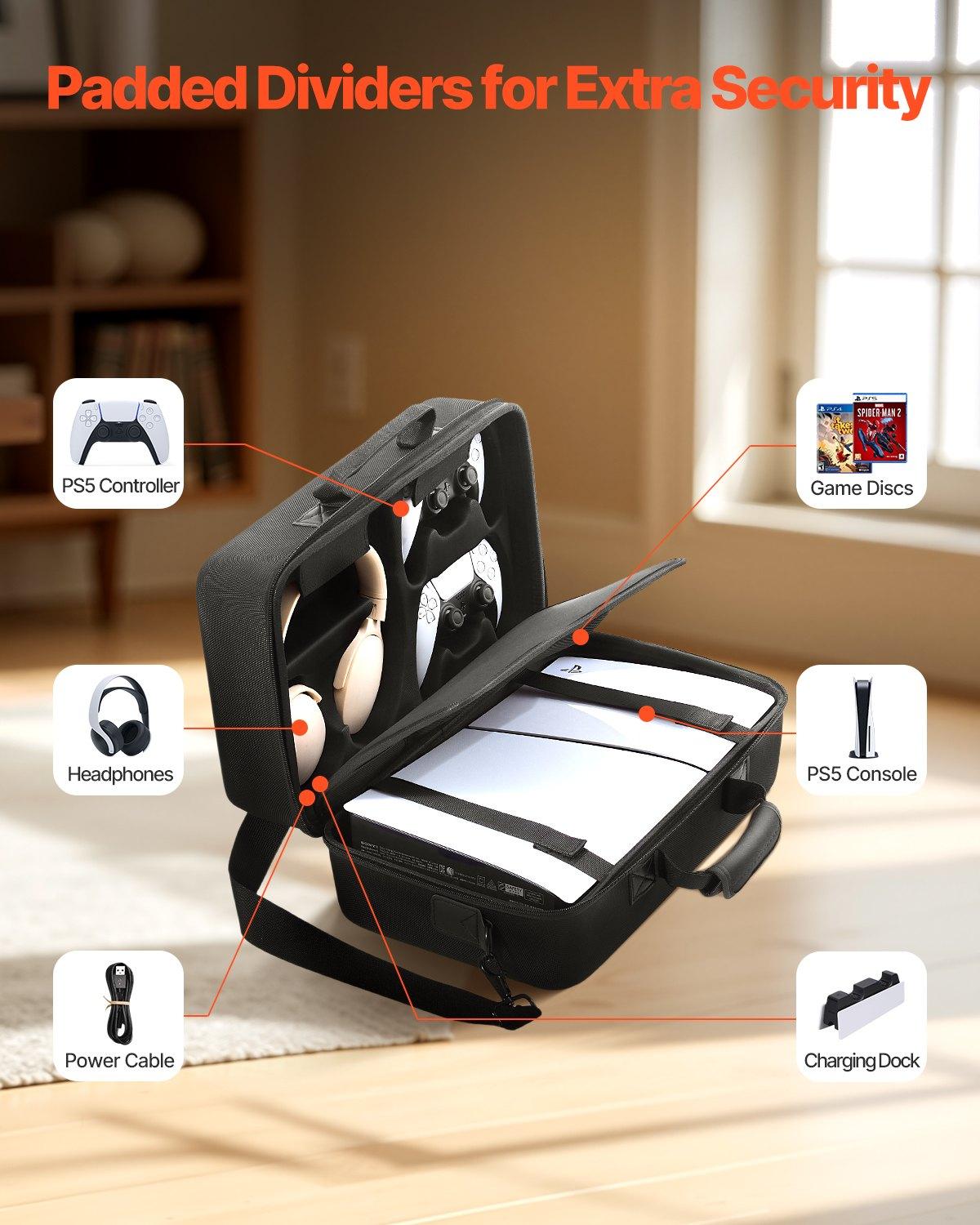 VEVOR PS5 Carrying Case, Travel Bag for Playstation 5 Slim Shockproof EVA, Soft Interior Lining & Padded Dividers for Extra Protection, Spacious Design with Carry Handle for Storage, Home & Party