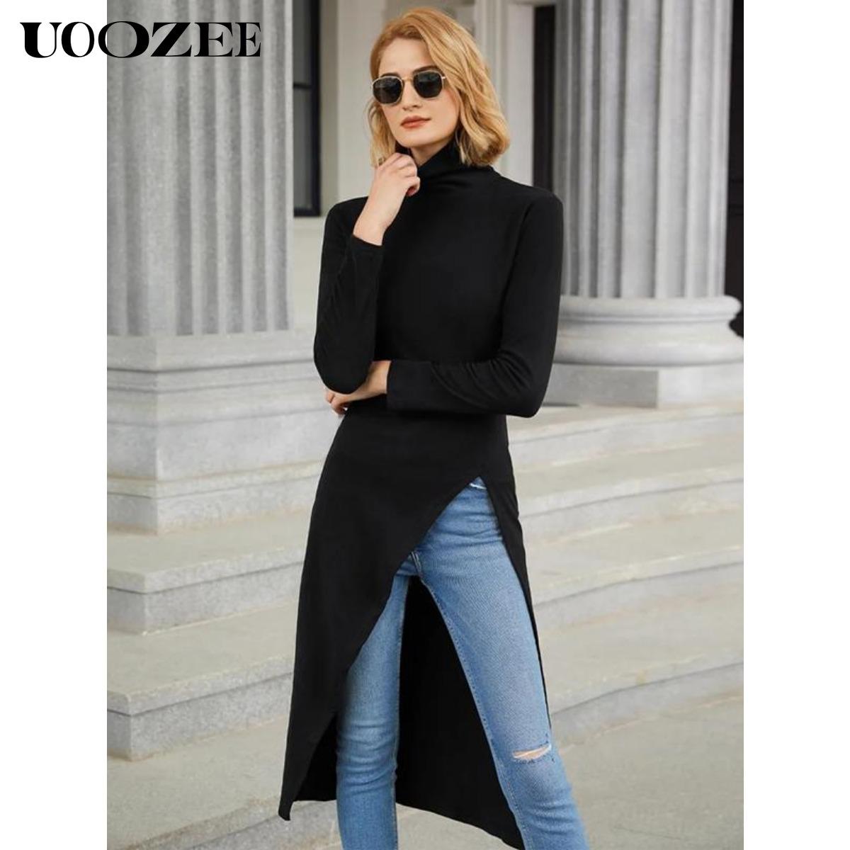 UOOZEE Women's simple tight solid color split high collar long sleeve knitted top, elegant casual, with a strong sense of design, elastic and comfortable fabric, suitable for daily leisure and commuting fall clothing women office outfits