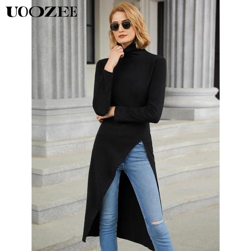 UOOZEE Women's simple tight solid color split high collar long sleeve knitted top, elegant casual, with a strong sense of design, elastic and comfortable fabric, suitable for daily leisure and commuting fall clothing women office outfits