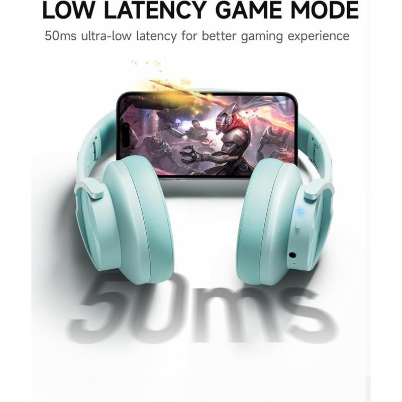Over Ear Bluetooth Headphones, 120H Playtime, 3 EQ Modes, Low Latency, Hands-Free Calls, Deep Bass for Travel, Home, Office & PC (Cyan)