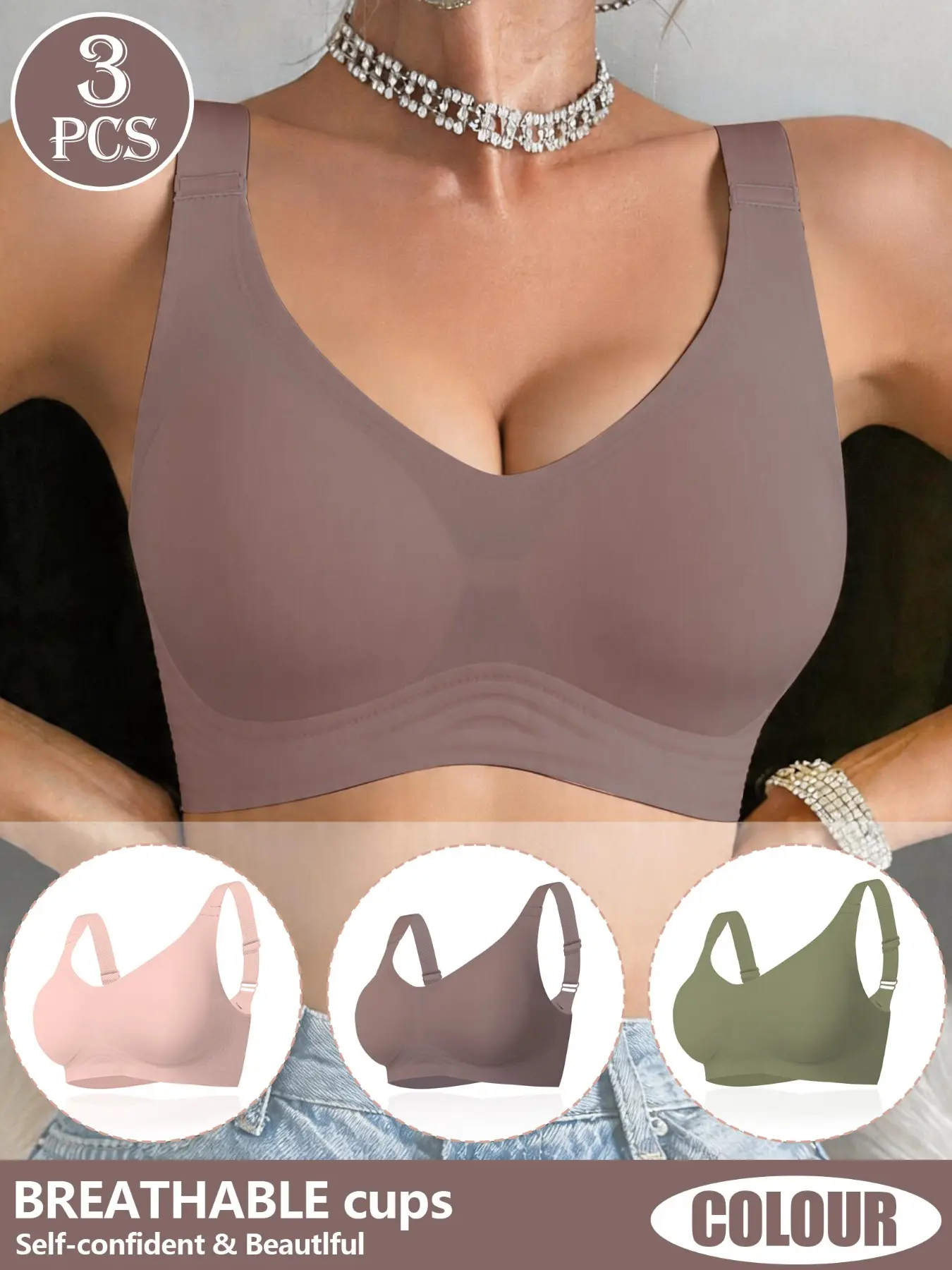 3 Pack Jelly Invisible No Show Versatile Bra Set, One Piece Adjustable Strap Skin-Hugging No Bulge U-shape Back, Wire Free Soft Medium Support For White Tees & Tight Clothes