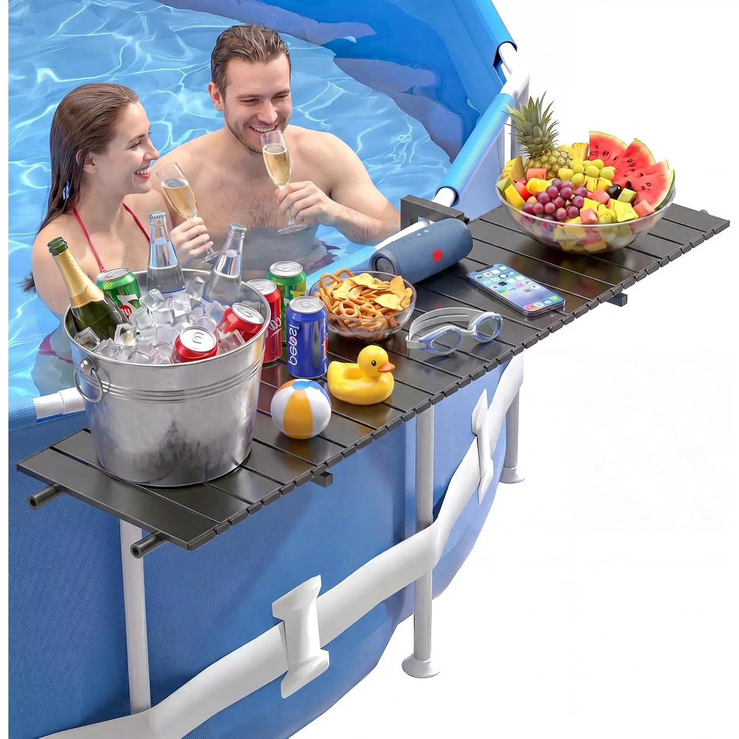 Swim-Up Above Ground Pool Bar Table, 47"x11.7" Heavy-Duty Matte Black Poolside Table with Stainless Steel Frame, Aluminum Tabletop, Storage, Drainage, Fits 2-4" Top Rails & 22.8-48.4" Leg Spacing, for Round & Oval Pools, Easy to Clean, Assembly Required,,
