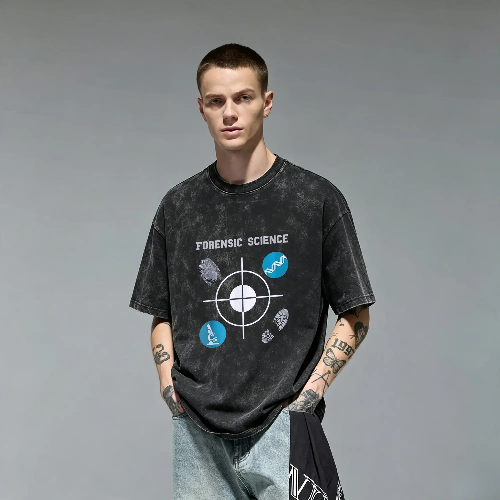 Forensic Science DNA Fingerprint Microscope True Crime CSI Student Teacher Art Vintage Washed Loose Fit Acid Wash Oversized 100% Cotton Graphic Tee T-Shirt for Men Novelty Gift Cutting Ideas Teen Boys Criminology Biology Casual Everyday Streetwear