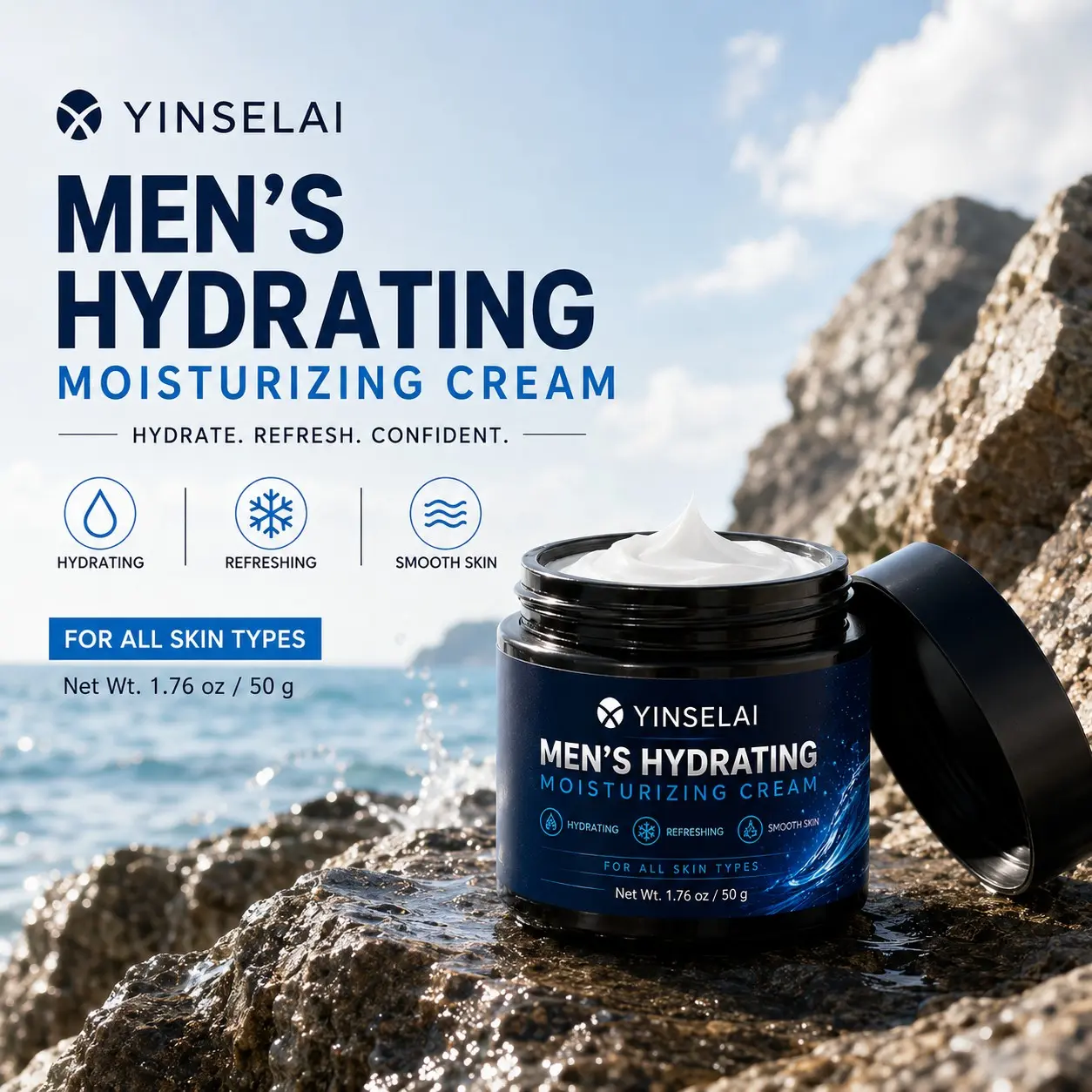 YINSELAI Men’s Face Moisturizer, Hydrating Daily Facial Cream for All Skin Types, 1.76 oz / 50 g