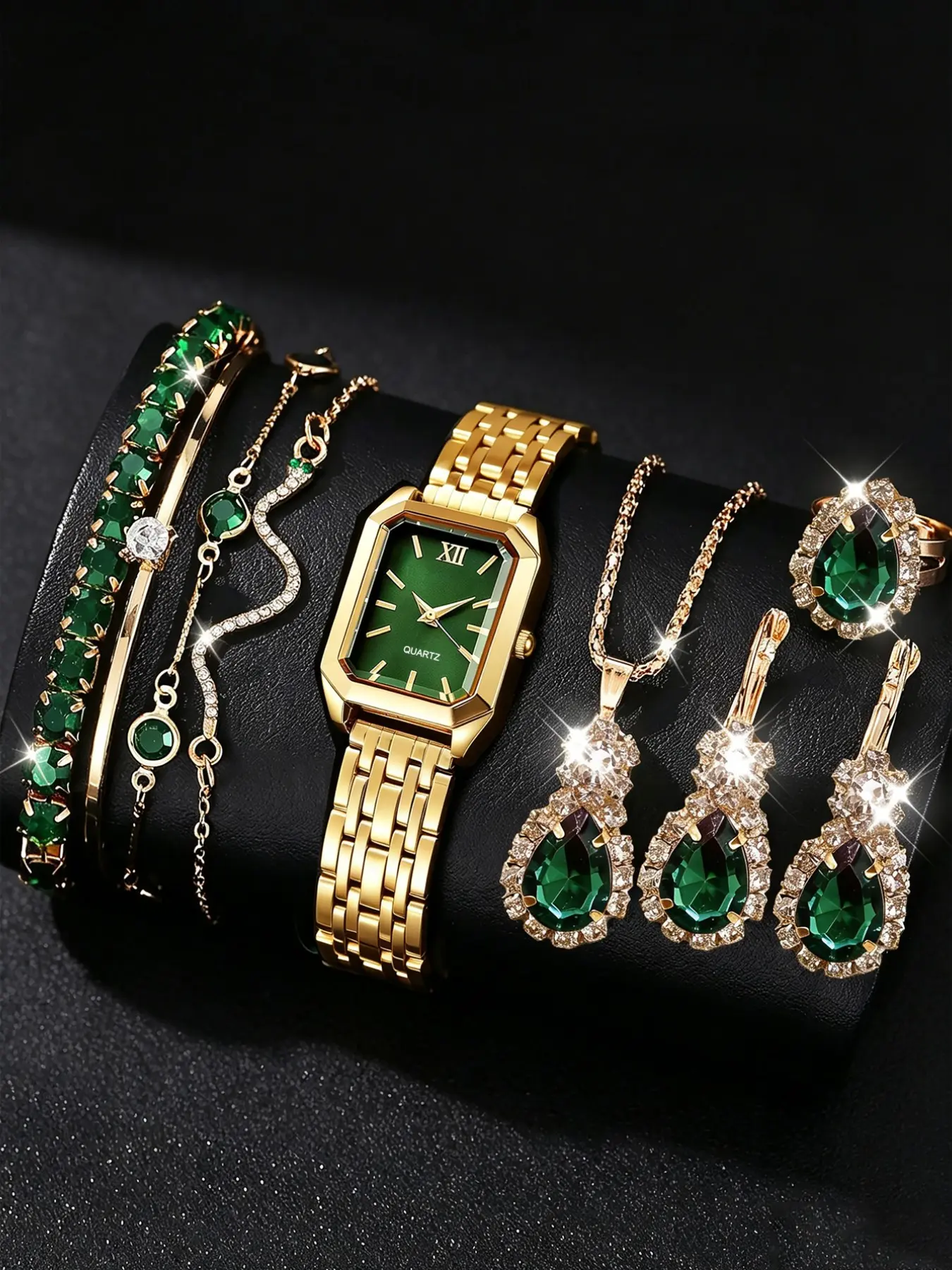 9-Piece Fashion Women's Watch Set, Luxurious Rectangular Quartz Watch, Bracelet, Necklace, Earrings, Perfect for Daily Wear or Gift