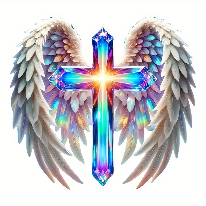 Religious theme; Faith sticker: Cross and angel wings radiate a rainbow-like light