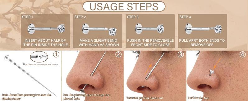 14K Gold Nose Studs For Women 316L Surgical Steel Threadless Nose Ring Lip Studs Push In Flat Back Stud Earrings Cz Nose Nostril Tragus Helix Body Piercing Jewelry Silver Gold 20G 18G