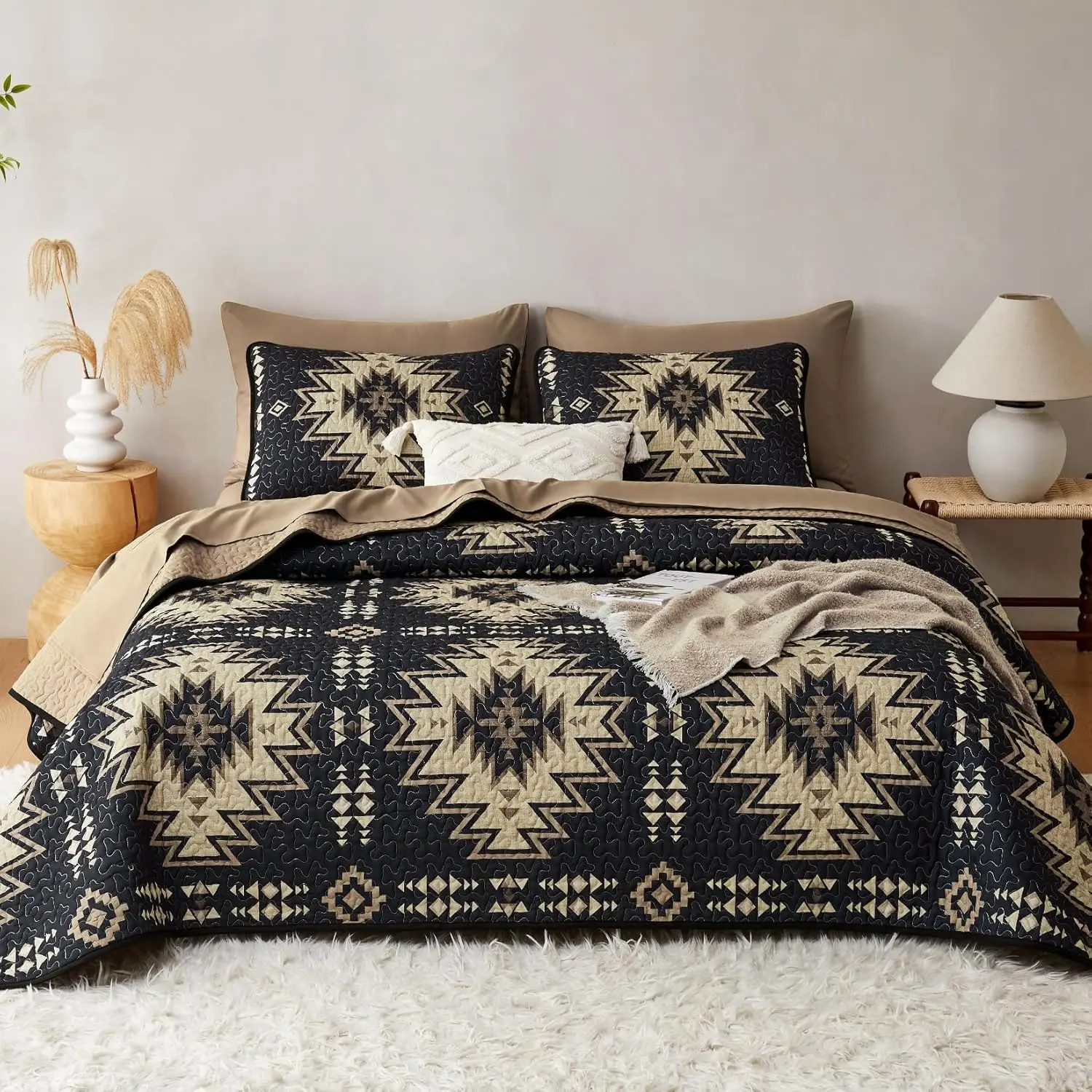 3 Piece Reversible Brushed Microfiber Bedspread Coverlet Set, Rustic Western Southwestern Farmhouse Style, Oversized Aztec Geometric Pattern, Lightweight, Black Brown, Queen/Full Size, 3 Piece Set, Oversized Print