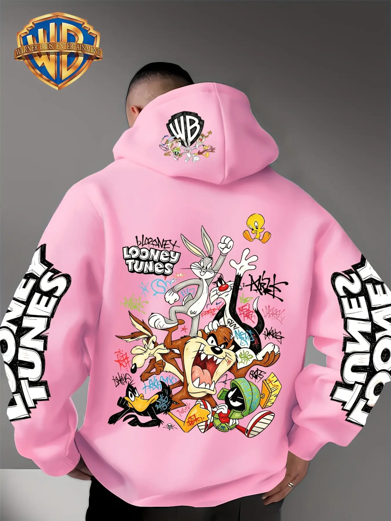 Men's Looney Tunes Hoodie Sweatshirt, Graphic Print, Sleeve Design, Kangaroo Pocket, Drawstring Hood, Daily & Outdoor Wear, Warmth
