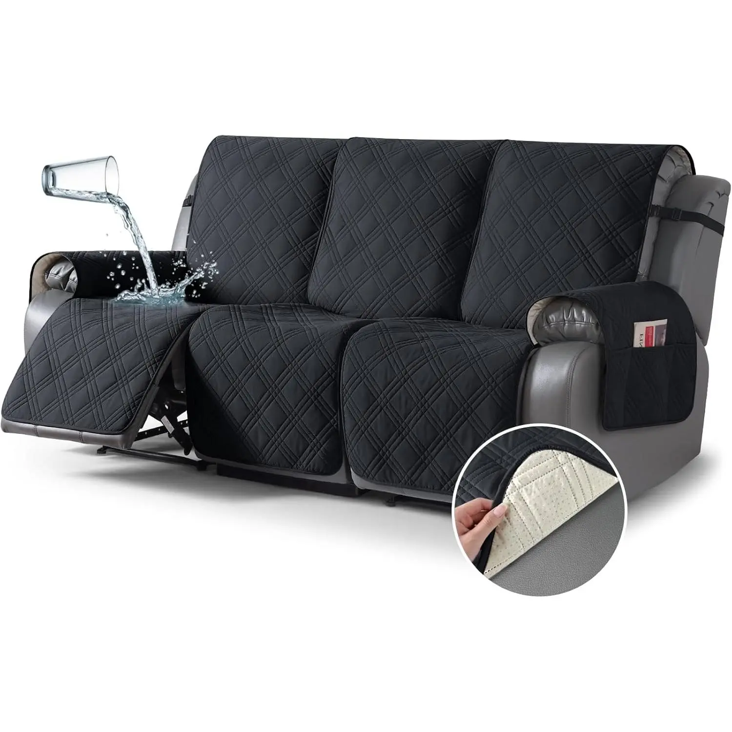 100% Waterproof Recliner Sofa Cover Non Slip Couch Cover for 3 Seat Reclining Sofa, Split Reclining Couch Covers 3-Piece with Straps, Washable Sofa Slipcover for Kids Pets(3 Seater, Black)