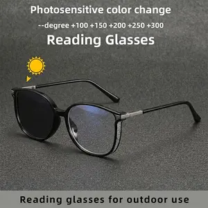 New round sparkling diamond minimalist high-quality light luxury natural look trendy youthful women's HD reading glasses, photochromic;  1.0 to  4.0 diopters suitable for daily outdoor automatic color-changing glasses for mobile gaming, computer, and offi