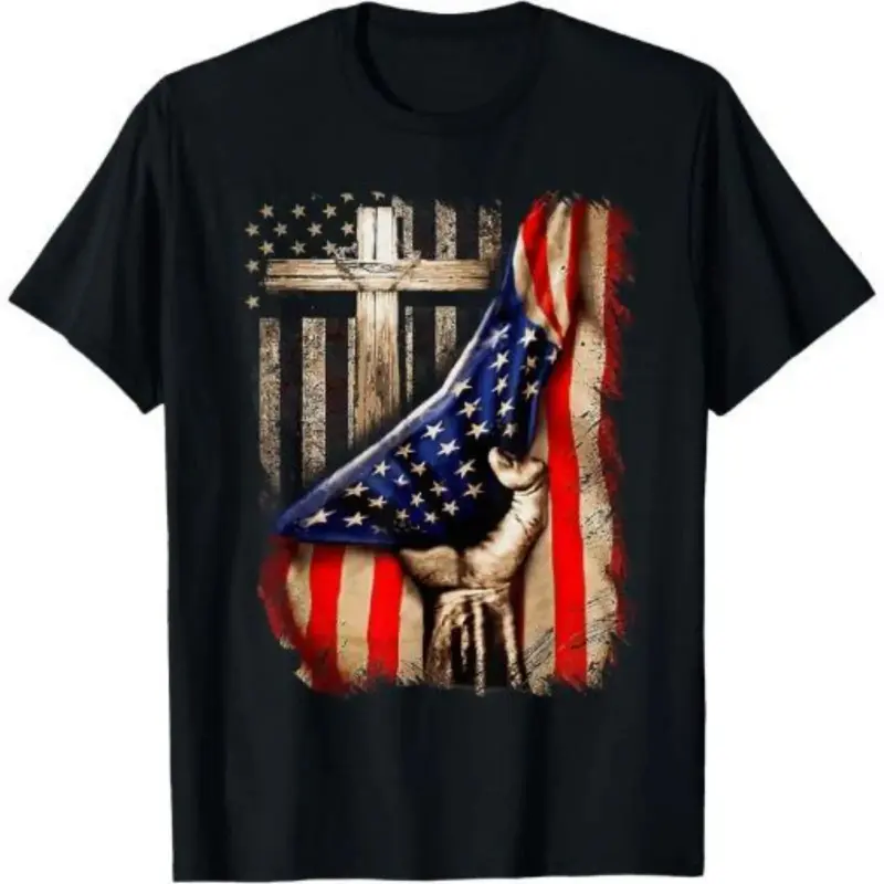 Vintage Mens Faith Over Fear Christian Cross American Flag T-Shirt Made in USA