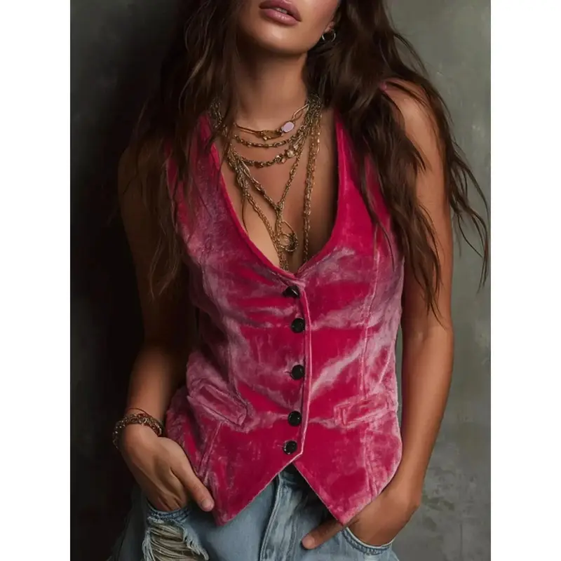 Women's Sleeveless Velvet Button-Down Vest Coat, Casual Polyester Tops for Sports & Outdoor Activities