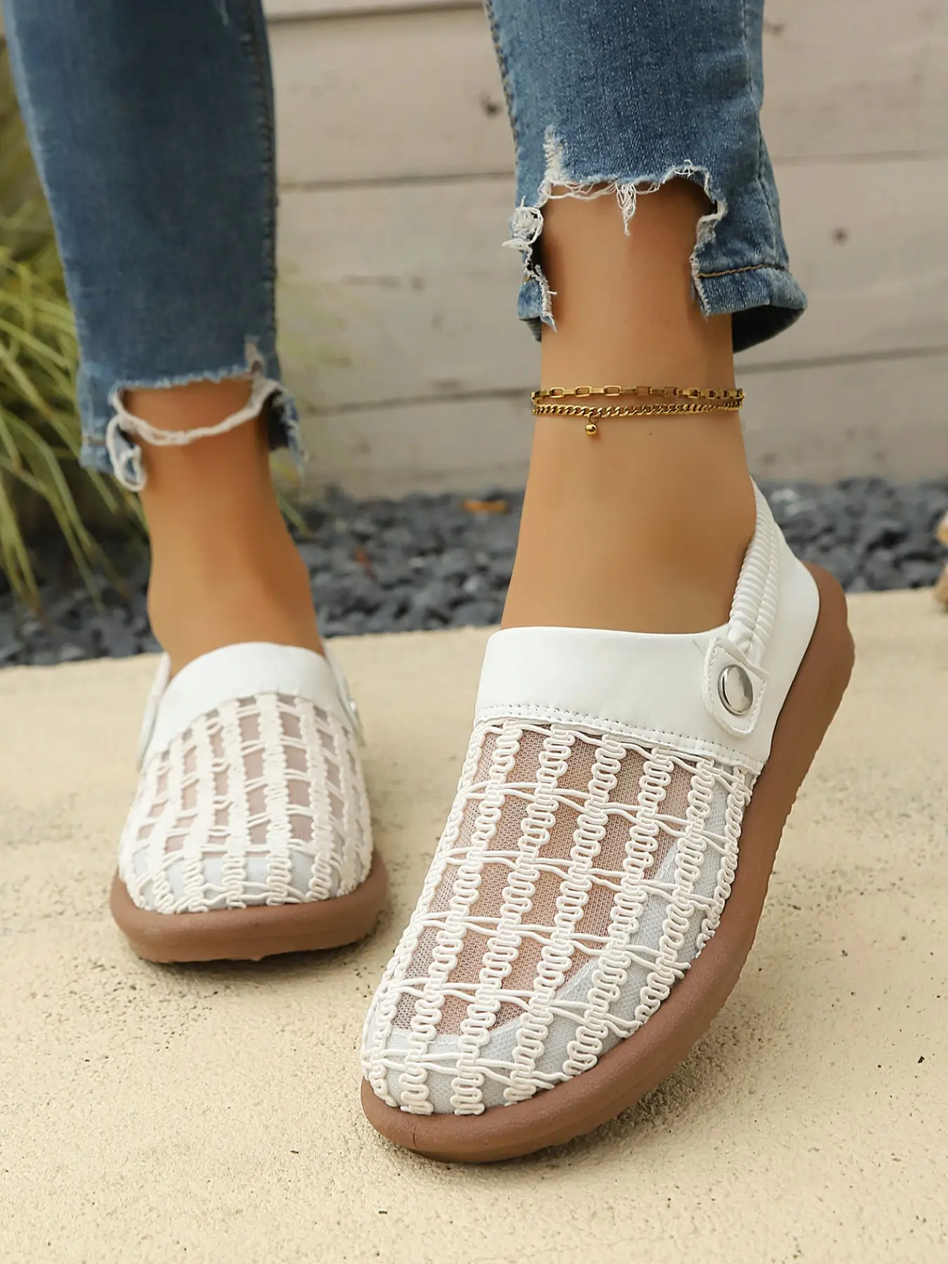 Women's Spring Summer Hollow Out Mesh Knit Sandals, Dual Strap Thin Sole, Casual Outdoor Footwear, Fashionable Plain Design
