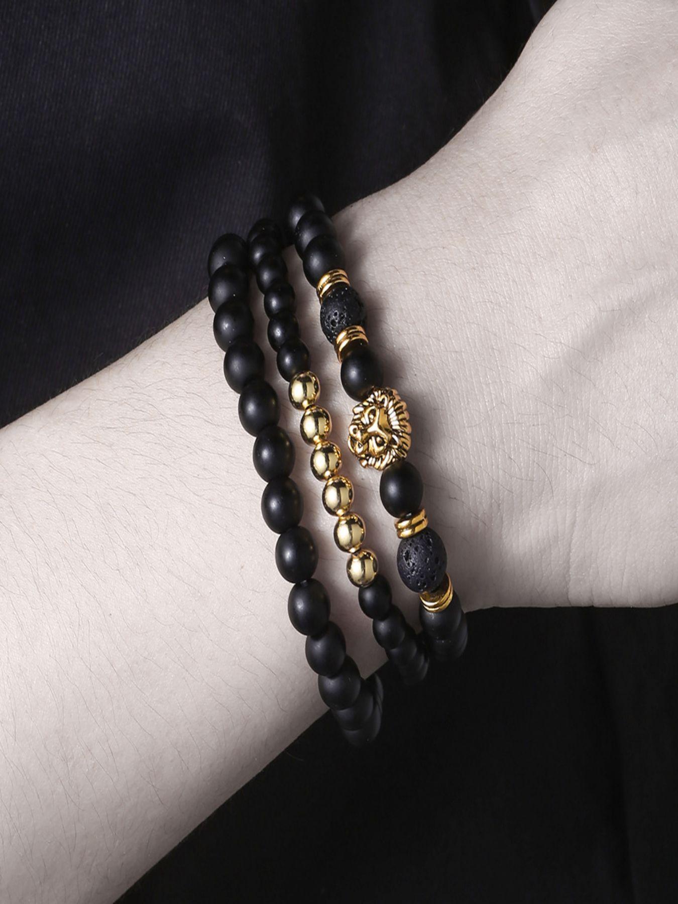 Men's Vintage Lion Head Decor Beaded Bracelets, Trendy Natural Stone Stackable Bracelets, Fashion Jewelry for Party, Daily Decor, Trendy Jewellery Accessories