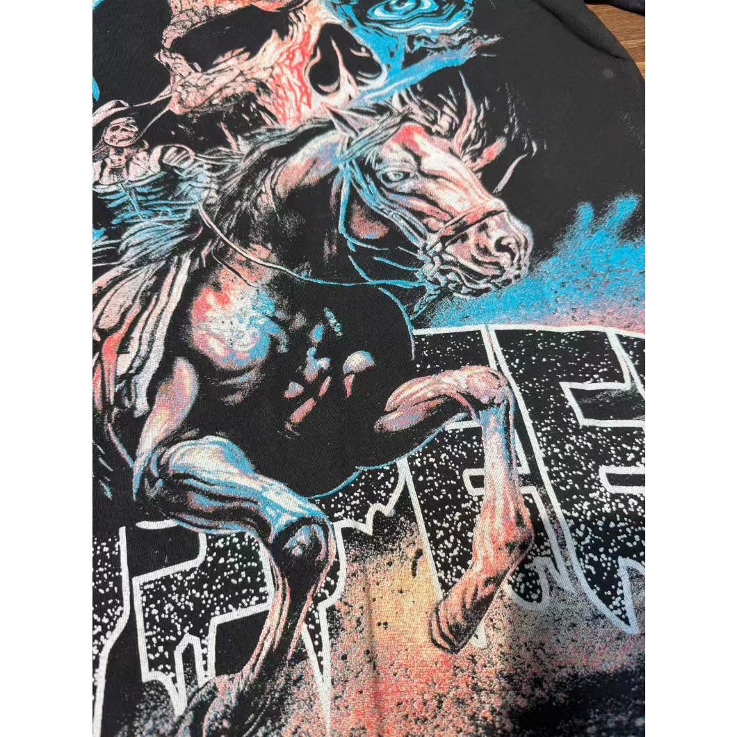 Real Photo Original Label Ripped Hot Drill Godspeed Short Sleeves T Shirt American Cotton Vintage Washed Rhinestone Bling Oversized Loose Unisex Round Neck Streetwear Hip Hop Y2K Casual Tops Tees With Tags For Men Women