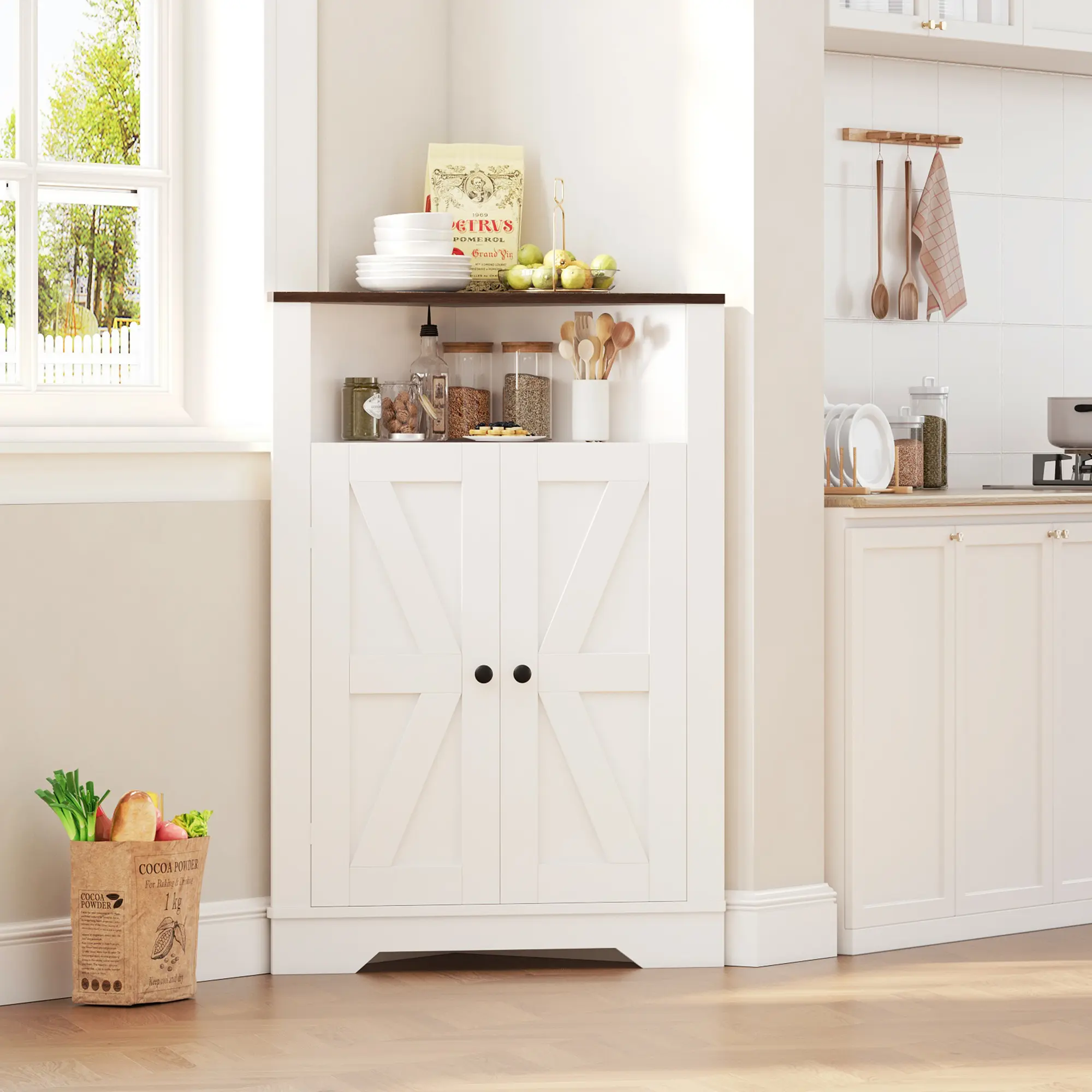 Rustic Farmhouse Corner Storage Cabinet with Doors – Tall, Narrow Freestanding Organizer with Adjustable Shelf – Waterproof, Space-Saving Design