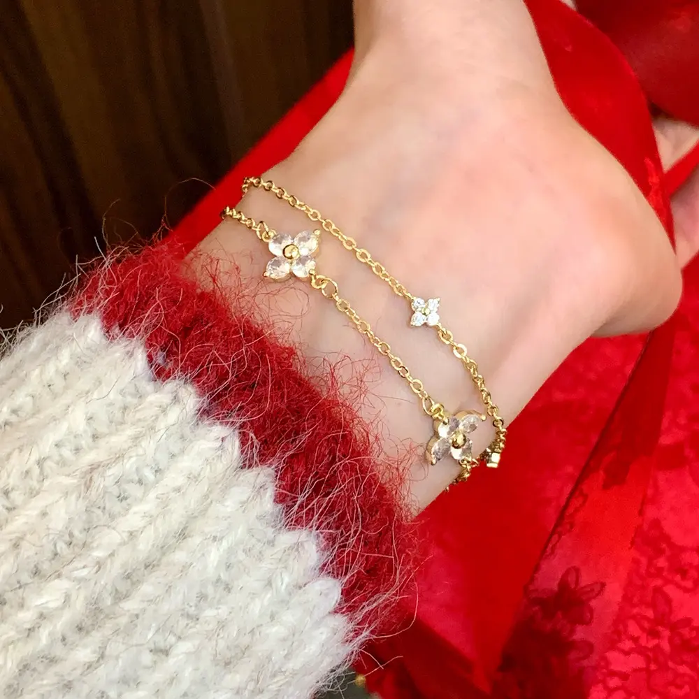18K Gold Silver Clover Chain Bracelet for Women Dainty Marquise CZ Four Leaf Flower Station Link Tiny Star Jewelry Birthday Gifts Trendy Stackable Daily