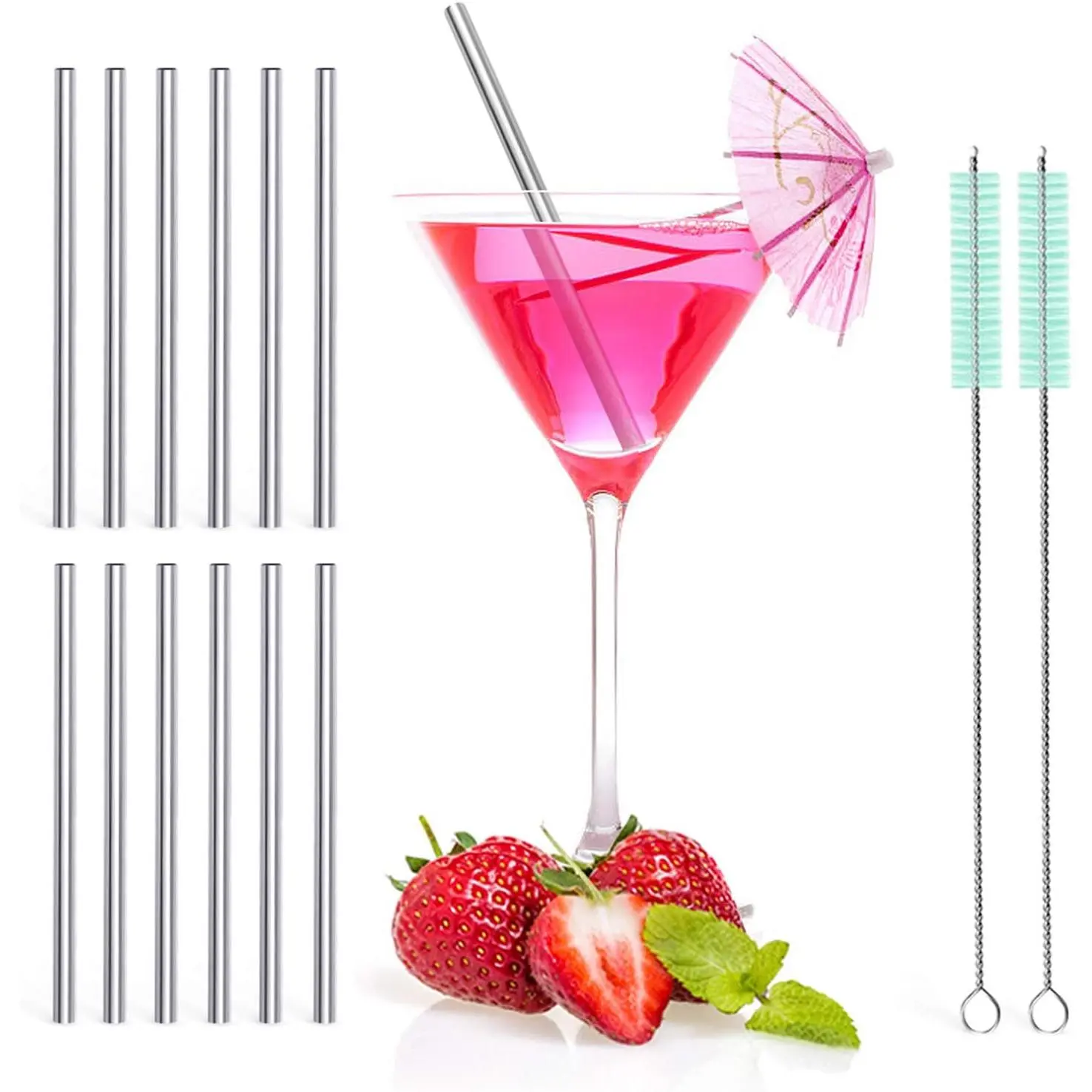 12 Pack + Cleaning Brush, 5-inch Extra Short  Stainless Steel Drink Straws for , Small Glasses or Cups ()