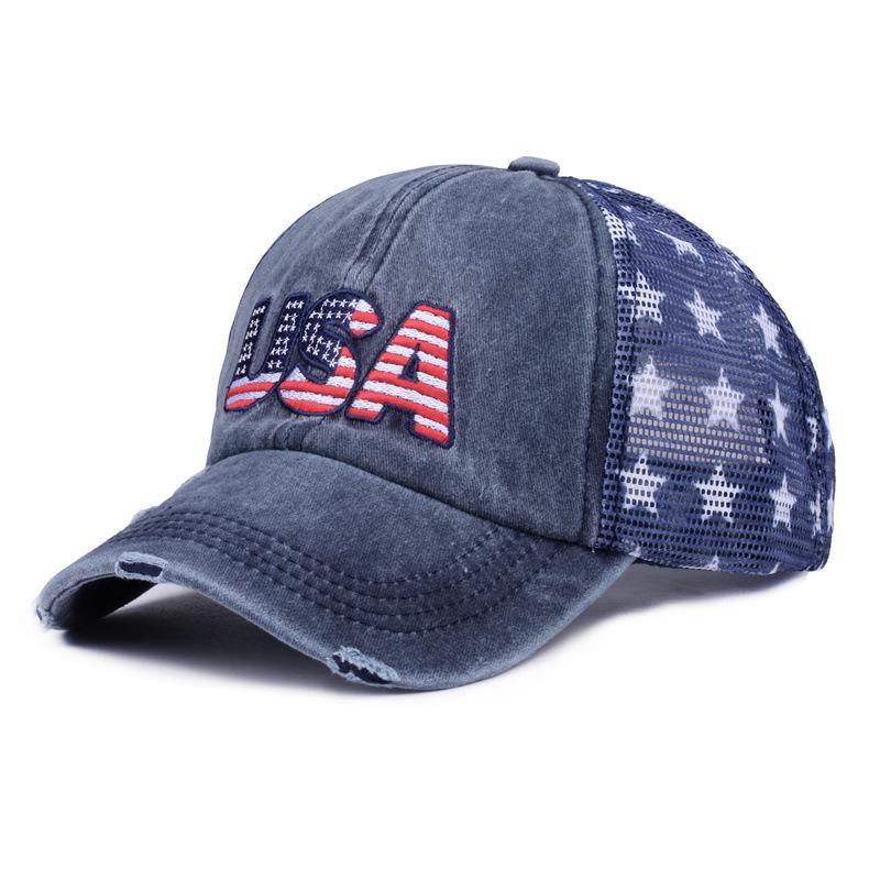 Washed cotton vintage baseball cap with embroidery, American flag embroidered cap, mesh cap, five-pointed star mesh cap