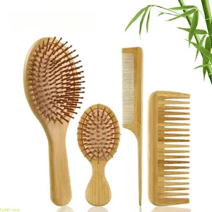 4 Counts Natural Bamboo Hair Comb & Brush Set, Eco Friendly Paddle Detangling Hairbrush, Wide Tooth Comb And Fine Tail Comb, Unisex Smoothing Hair Styling Tools, Gentle Curly Hair Grooming Kit, Ideal Daily Hair Care Accessory & Holiday Gift For Men Women