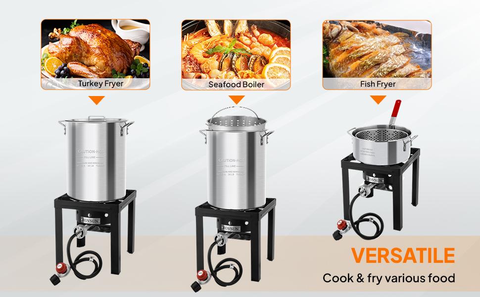 ROVSUN 30QT Turkey Fryer & 10QT Fish Fryer Kit w/ 55,000BTU Propane Stove, Aluminum Outdoor Deep Fryer & Seafood Boiler Steamer w/Baskets, Thermometer, Marinade Injector, Turkey Rack & Rack Lifter