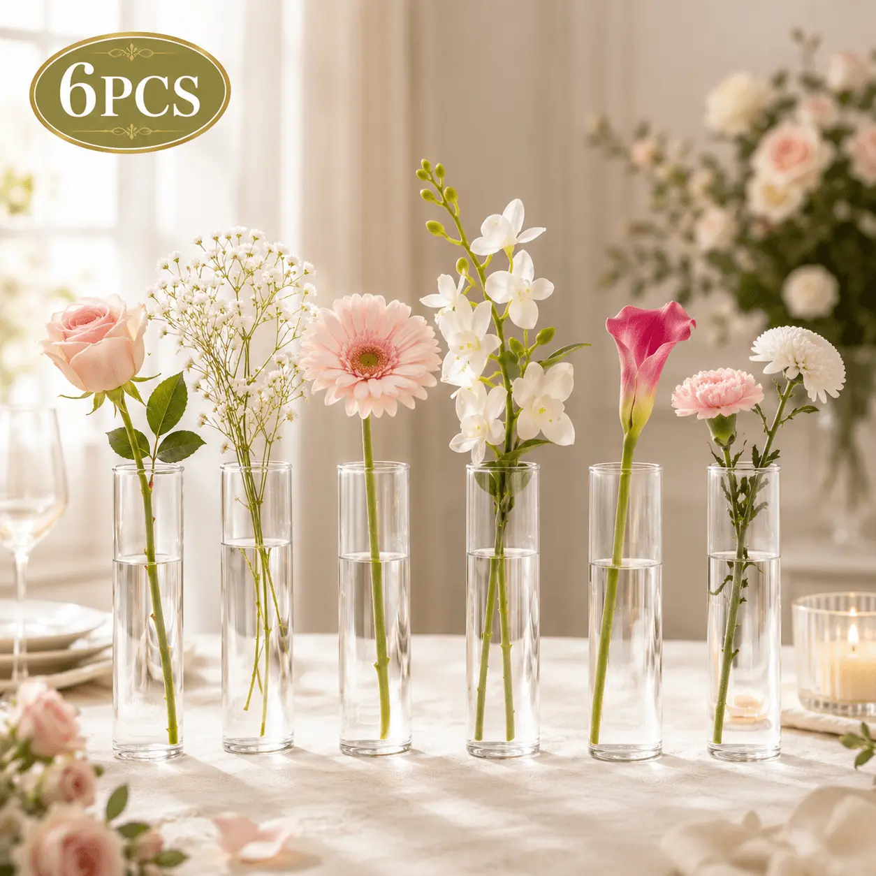 6pcs Plastic Cylinder Vase Set, High Transparency, Suitable for Parties, Gatherings, Home Decor, Weddings, and Holiday Gifts, Transparent, Festive Tableware, Party Decorations, Bohemian Style, Minimalist Decor Ornaments