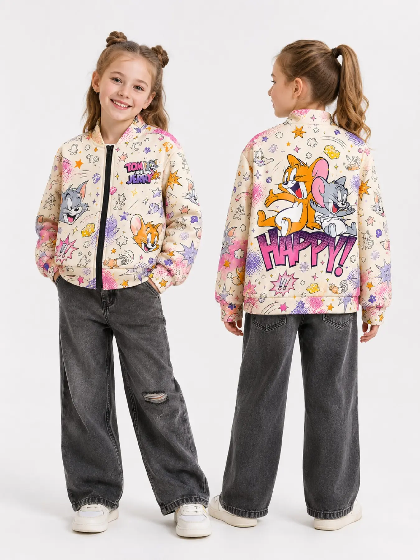Warner Bros Tom and Jerry Kids Jacket, Cute Cartoon Print Zipper Top, Slim-Fit Long Sleeve, Fall & Spring Fashion, Ages 6-14