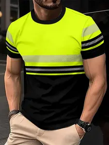 Men's High Visibility Patchwork Striped Workwear Round Neck Short Sleeve T-Shirt, Outdoor Fitness Sport Top, All Seasons, Essential Men's Apparel